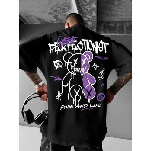 Baskılı Oversize Bisiklet Yaka T-shirt - Siyah