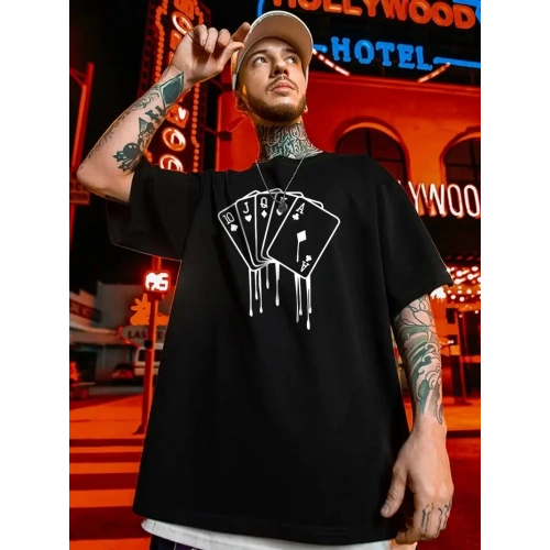 Baskılı Oversize Bisiklet Yaka T-shirt - Siyah