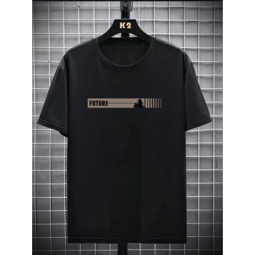 Baskılı Oversize Bisiklet Yaka T-shirt - Siyah