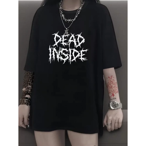 Baskılı Oversize Bisiklet Yaka T-shirt - Siyah