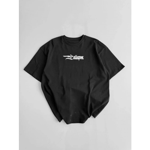 Baskılı Oversize Bisiklet Yaka T-shirt - Siyah