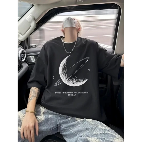 Baskılı Oversize Bisiklet Yaka T-shirt - Siyah