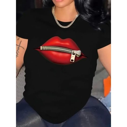 Baskılı Oversize Bisiklet Yaka T-shirt - Siyah