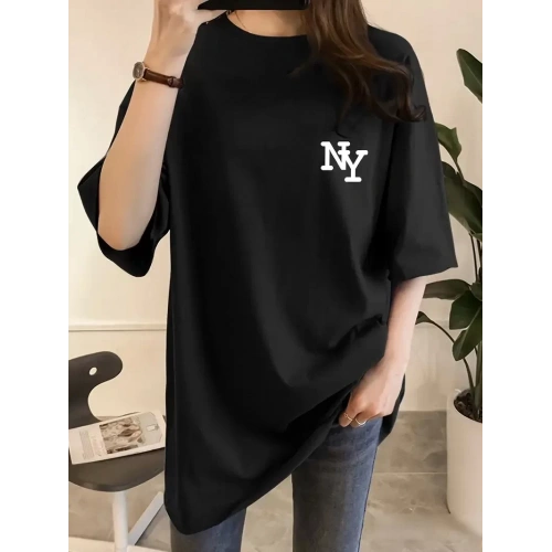 Baskılı Oversize Bisiklet Yaka T-shirt - Siyah