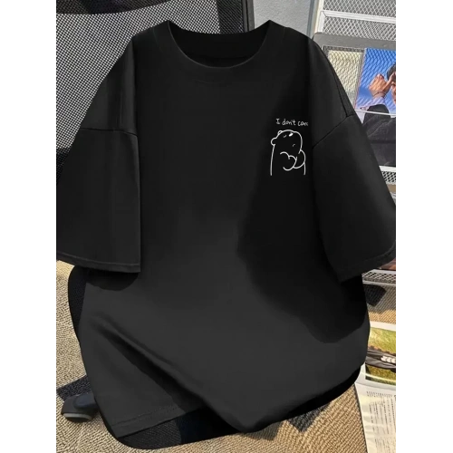 Baskılı Oversize Bisiklet Yaka T-shirt - Siyah