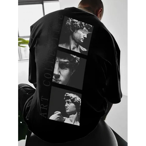 Baskılı Oversize Bisiklet Yaka T-shirt - Siyah