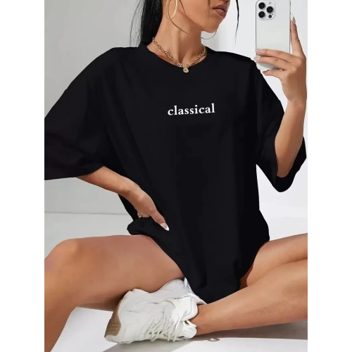 Baskılı Oversize Bisiklet Yaka T-shirt - Siyah