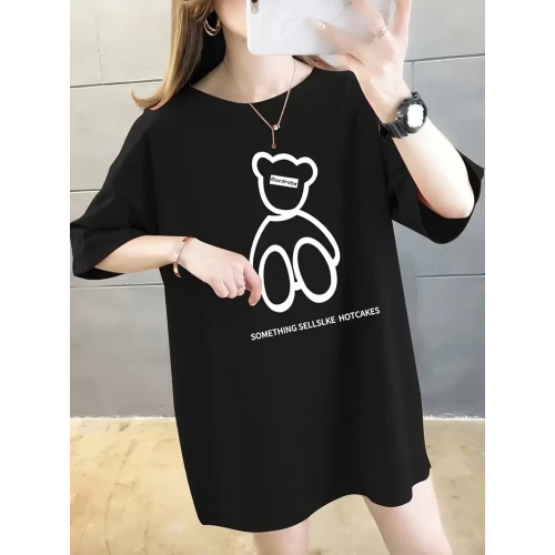 Baskılı Oversize Bisiklet Yaka T-shirt - Siyah