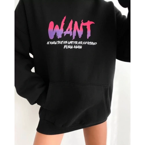 Baskılı Üç İplik Kapüşonlu Oversize Sweatshirt - Siyah