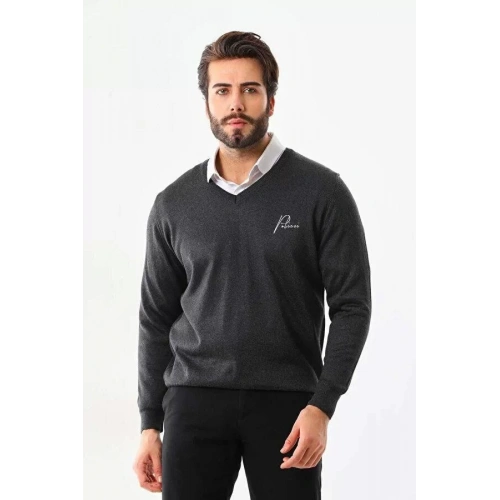 Baskılı V Yaka Uzun Kol Dokuma Triko - Füme