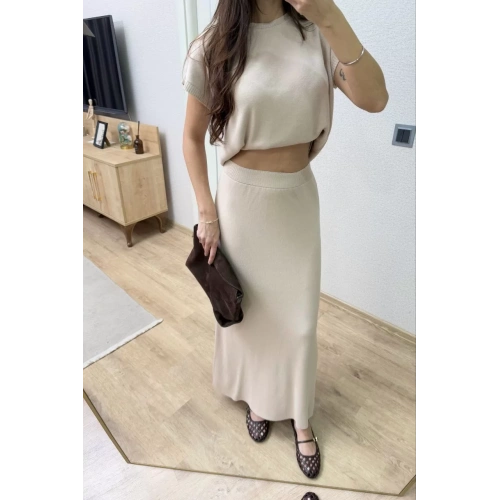 Bisiklet Yaka Bluz Uzun Etekli ikili Takım Triko - Beyaz