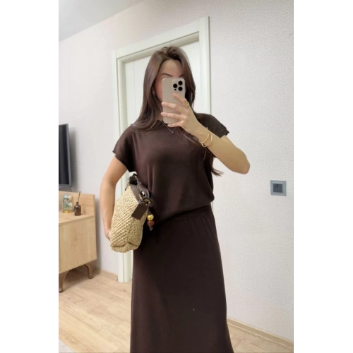 Bisiklet Yaka Bluz Uzun Etekli ikili Takım Triko - Kahve