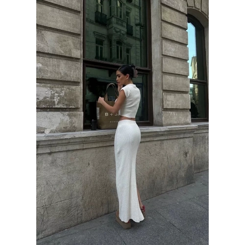 Bisiklet Yaka Croplu Uzun Etekli ikili Takım Triko - Beyaz