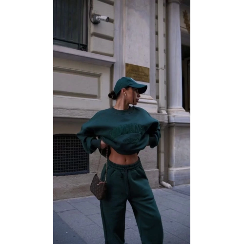 Bisiklet Yaka Nakış İşlemeli Üç İplik Sweat Takım - Yeşil