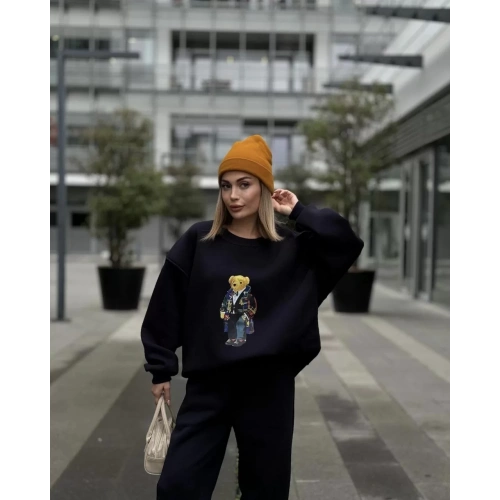 Bisiklet Yaka Üç İplik Sweat Takım - Siyah