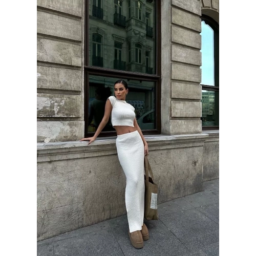 Bolerolu Boğazlı Uzun Elbise 2 Li Triko Takım - Beyaz