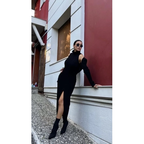 Bolerolu Boğazlı Uzun Elbise 2 Li Triko Takım - Siyah