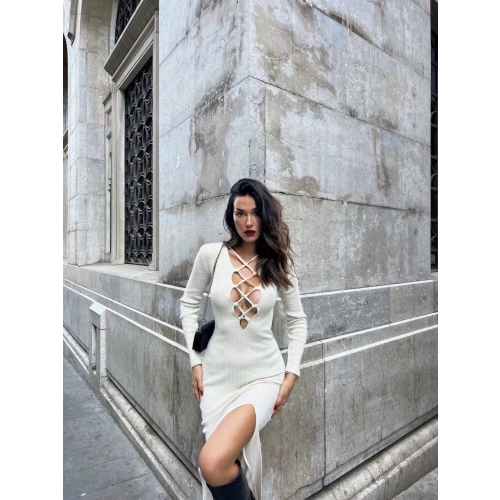 Çapraz Dekolte Fitilli Triko Elbise - Beyaz