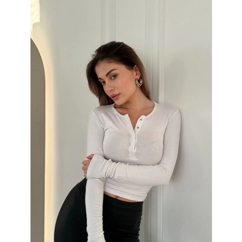 Cıt Cıt Detaylı Uzun Kollu Crop - Beyaz