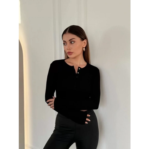 Cıt Cıt Detaylı Uzun Kollu Crop - Siyah