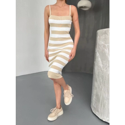 Cizgili Triko Askılı Elbise- Bej