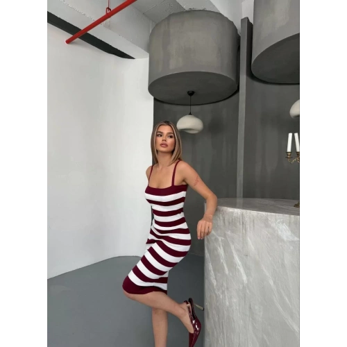 Cizgili Triko Askılı Elbise- Bordo