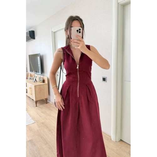 Dik Yuvarlak Yaka Önden Fermuarlı Sifir Kol Beli Oturtmalı Kolsuz Cepli Çan Etekli Uzun Elbise - Bordo