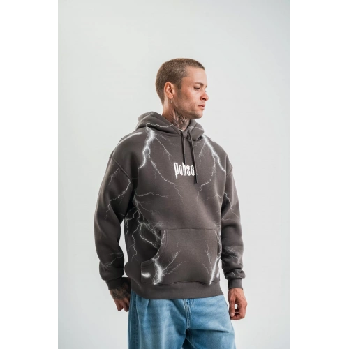 Double Oversize Kapşonlu Şimşek Pano Baskılı SweatShirt - Füme