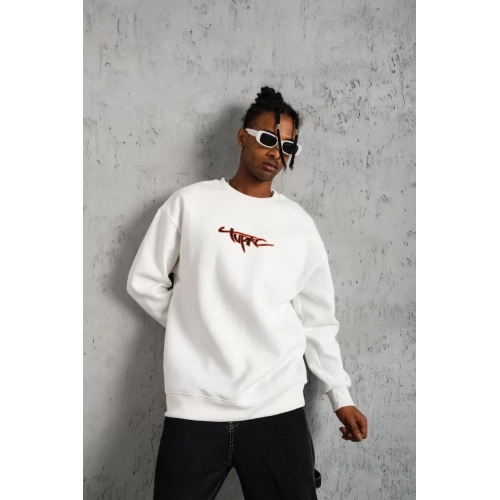 Erkek 3 İplik Gangster Baskılı Sweatshirt - Beyaz