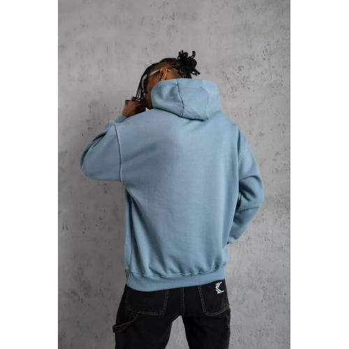 Erkek Armalı Baskılı Kapüşonlu Sweatshirt - Mavi