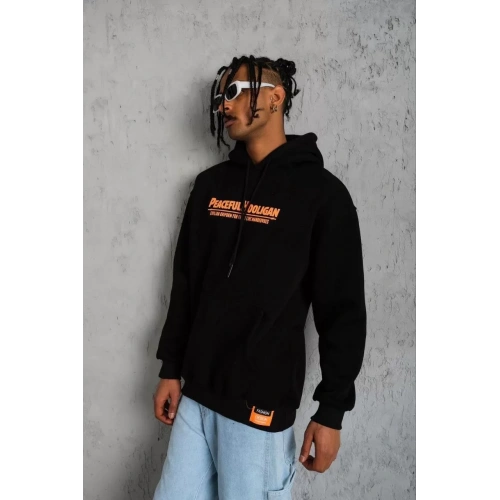 Erkek Armalı Baskılı Kapüşonlu Sweatshirt - Siyah