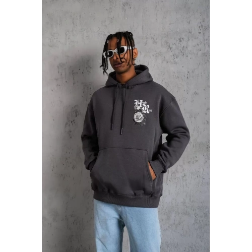 Erkek Baskılı Kapşonlu Sweat - Füme