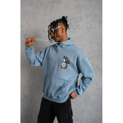 Erkek Baskılı Kapşonlu Sweat - Mavi