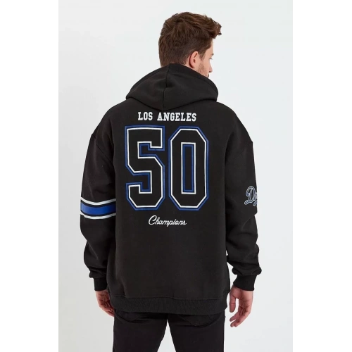 Erkek Baskılı Kapşonlu Üç iplik Oversize Sweatshirt - Siyah