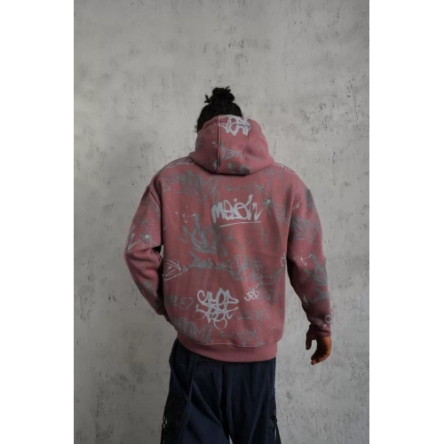 Erkek Baskılı Kapüşonlu Ribanalı Sweat - Gül Kurusu