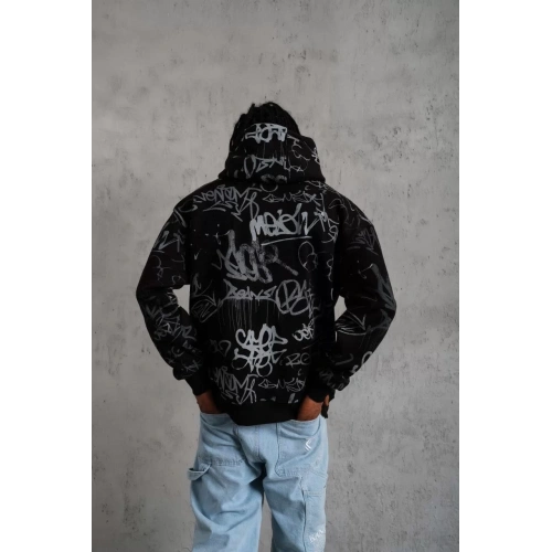 Erkek Baskılı Kapüşonlu Ribanalı Sweat - Siyah