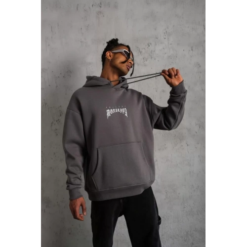 Erkek Baskılı Kapüşonlu ve Kanguru Cepli Sweat- Gri