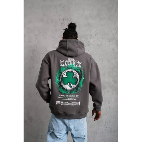 Erkek Baskılı Kapüşonlu ve Kordon İpli Sweat - Gri