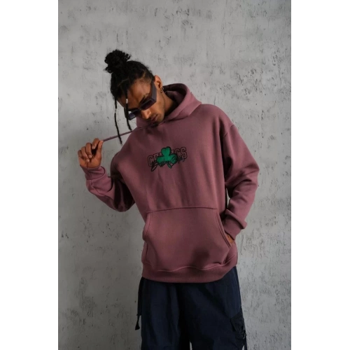 Erkek Baskılı Kapüşonlu ve Kordon İpli Sweat - Gül Kurusu