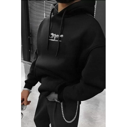 Erkek Baskılı Kapüşonlu ve Kordon İpli Sweat - Siyah