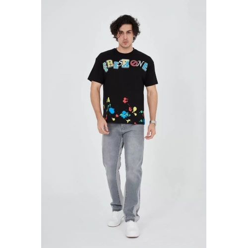 Erkek Baskılı Penye T-Shirt - Siyah