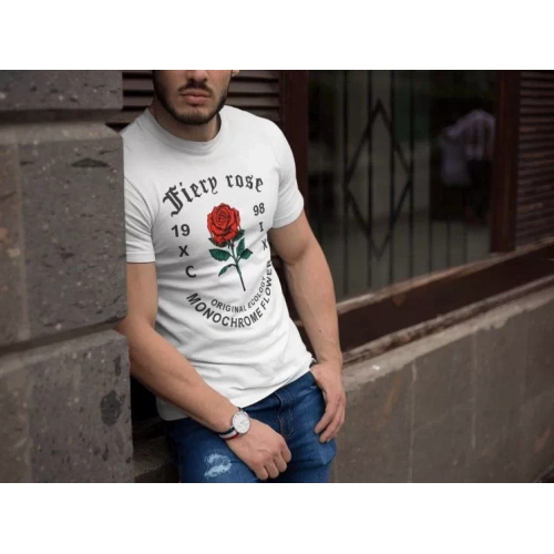 Erkek Bisiklet Yaka Baskılı Oversize T-Shirt - Beyaz