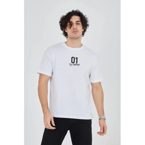 Erkek Bisiklet Yakalı Baskılı T-Shirt - Beyaz