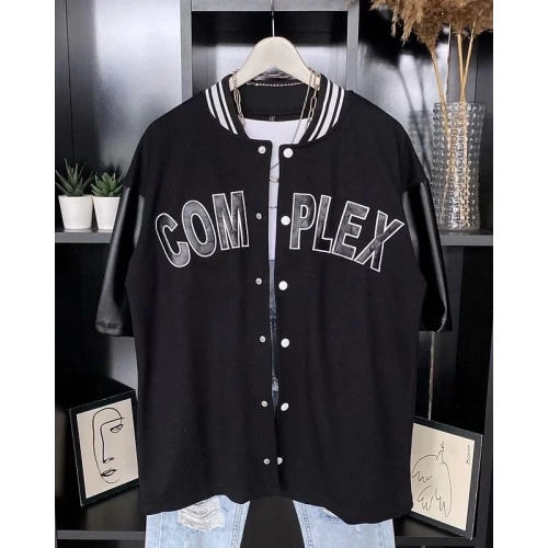 Erkek Complex Kolları Deri Kolej Oversize T-shirt - Siyah