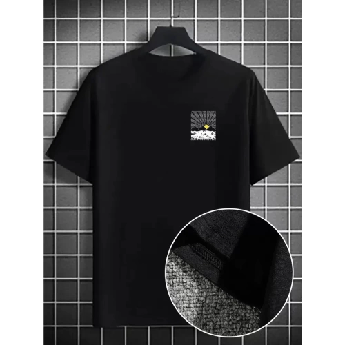 Erkek Dağ Grafikli Tişört, Yaz için Büyük Beden Rahat T-shirt - Siyah
