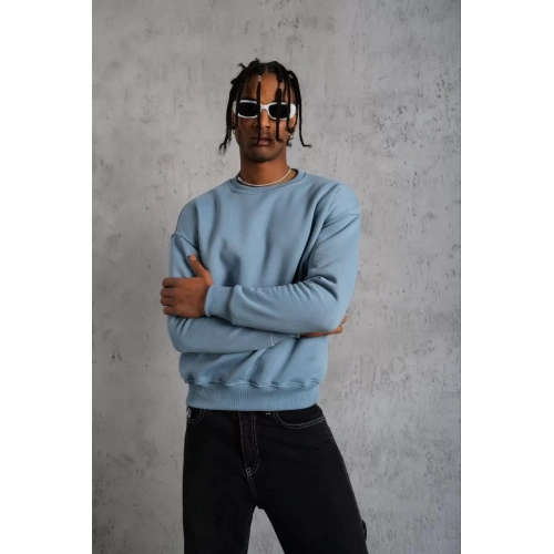 Erkek Düz Bisiklet Yaka Sweat - Mavi