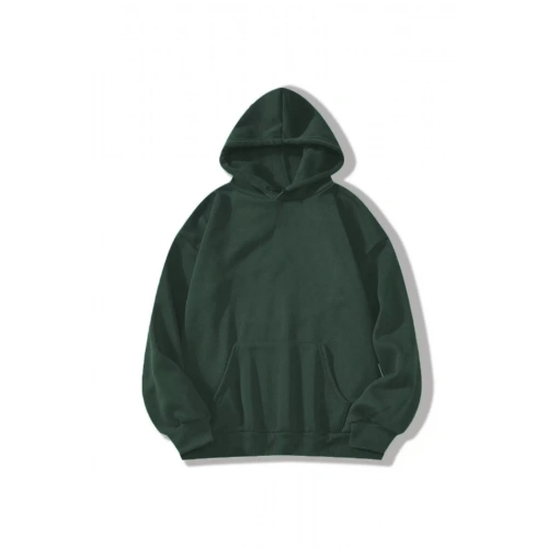 Erkek Düz Kapüşonlu Sweat - Koyu Yeşil