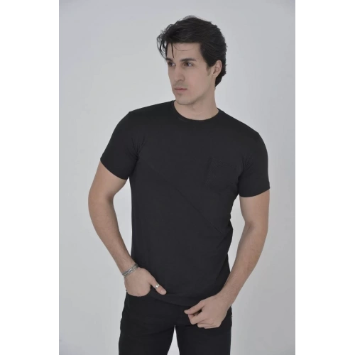 Erkek File Cepli Slim fit T-shirt - Siyah