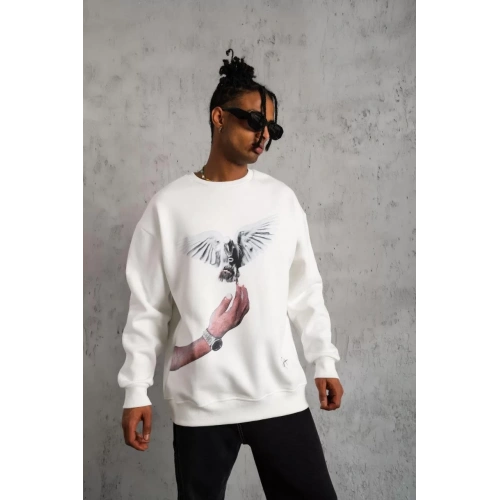 Erkek Güvercin Baskılı Sweatshirt - Beyaz