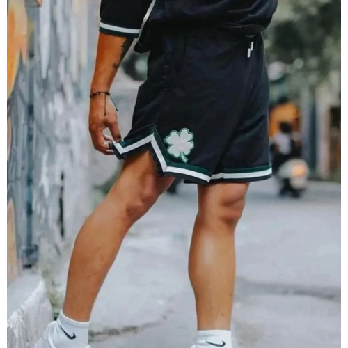 Erkek İki İplik Nakışlı Şort - Siyah